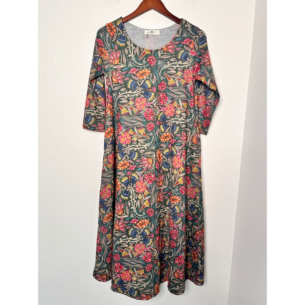 Natural Life Floral Knit Midi Dress 3/4 Sleeve Pockets Multi Color - Picture 3 of 8